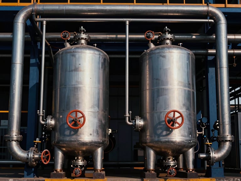 Industrial pressure vessels and piping network under dramatic backlighting, steel tones, sharp focus, 35mm
