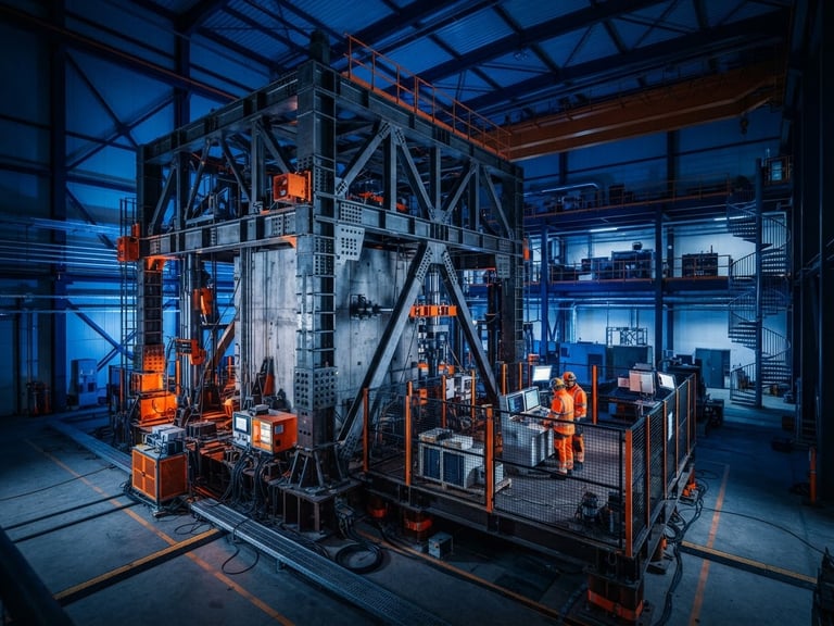 Cinematic industrial photography, wide angle view of an advanced structural testing facility with steel joints, dramatic blue architectural lighting, safety orange highlights, sharp focus, 35mm.