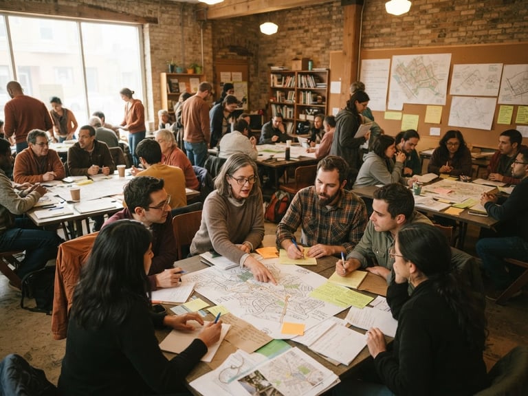 A wide environmental shot of a collaborative community planning workshop inside a local learning center, soft diffused natural daylight, rich muted earth tones, 35mm film style.