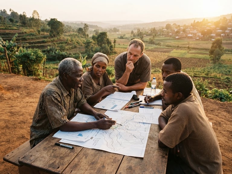 A wide environmental shot of local community leaders mapping out a water conservation project on a wooden table, warm golden-hour daylight, rich earthy tones, 35mm lens.