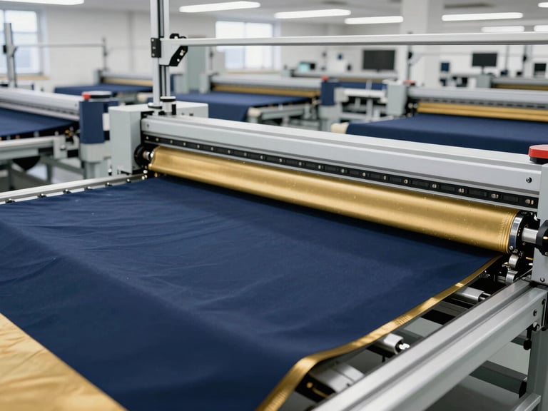 State-of-the-art automated cutting tables in a bright, modern garment factory, fabric layers precisely aligned, clean industrial environment.
