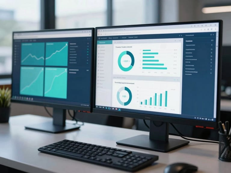 Crisp editorial photography of a modern workspace with analytics dashboards on dual monitors, cool natural daylight, deep blue tones, sharp focus
