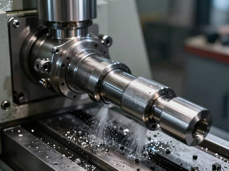 Close-up of a heavy-duty CNC lathe precision machining a steel axle spindle, metallic shavings, cooling fluid spray, industrial lighting.