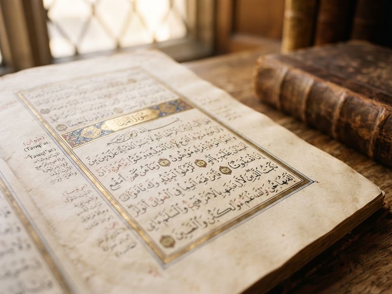 Macro photograph of a classical Arabic manuscript, textured old parchment paper, soft library window light, shallow depth of field, 35mm, no people