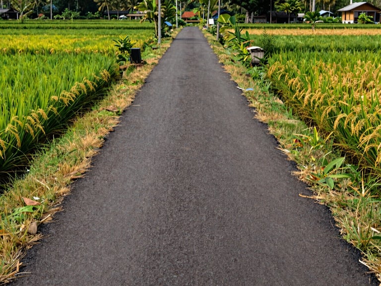Wide shot of newly paved village road in Nagari Dusun Tangah, flanked by lush green rice fields, warm natural daylight, editorial documentary photography