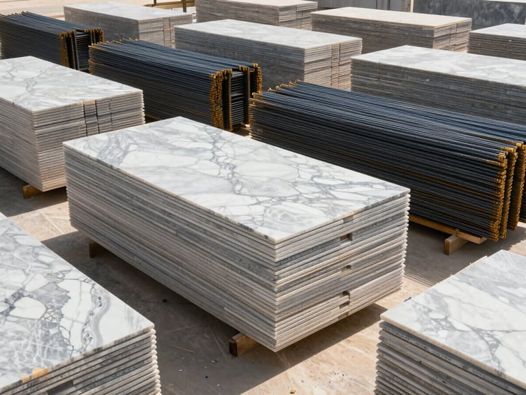 Organized stacks of premium polished marble slabs and structural steel rebars inside a modern, high-volume UAE warehouse, bright natural daylight