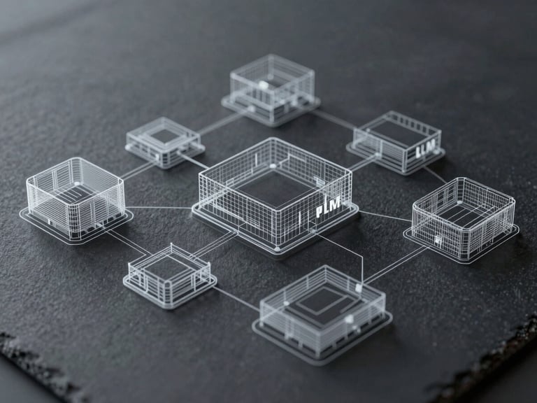 Crisp architectural wireframe diagram of a multi-agent LLM system, clean vector lines over a dark slate background, technical schematic style.
