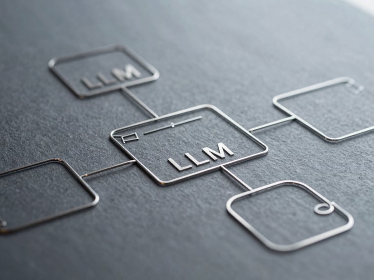 Crisp architectural wireframe diagram of a multi-agent LLM pipeline, clean lines, slate and steel tones, shallow depth of field