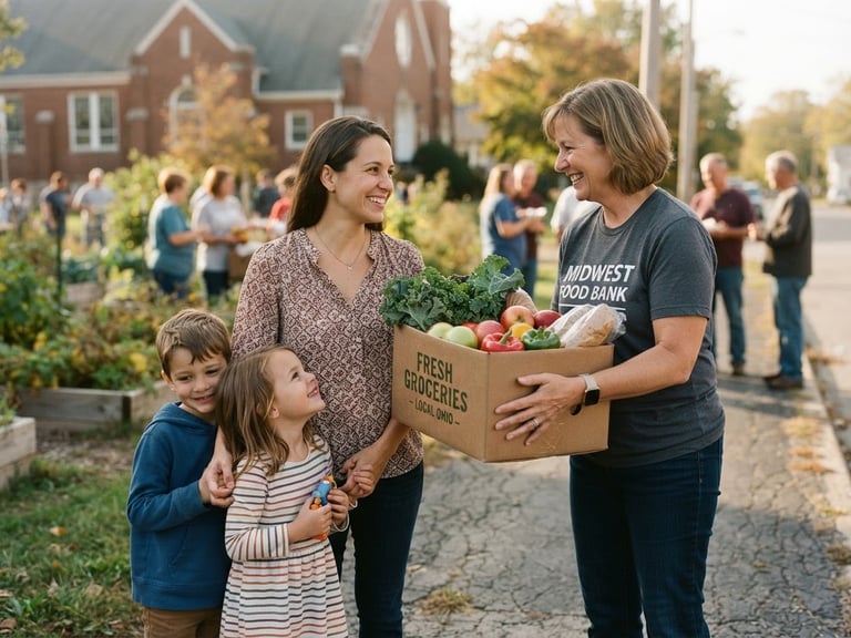 Warm editorial photography of a local Ohio volunteer handing a box of fresh groceries to a family on a sunny day, shallow depth of field, 35mm lens