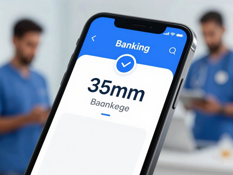 Close-up of a smartphone screen displaying a banking app with a positive balance, clean modern interface, soft blue lighting, 35mm