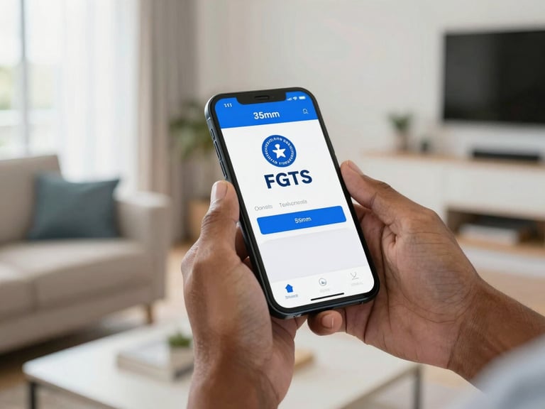 Hands holding a smartphone in a bright Brazilian living room, showing the official FGTS app interface, natural daylight, authentic setting, 35mm