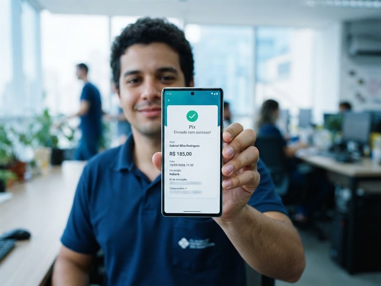 A close-up of a modern smartphone screen displaying a successful Pix transaction confirmation in Brazil, held by a relaxed worker, bright natural daylight, clean digital finance aesthetic