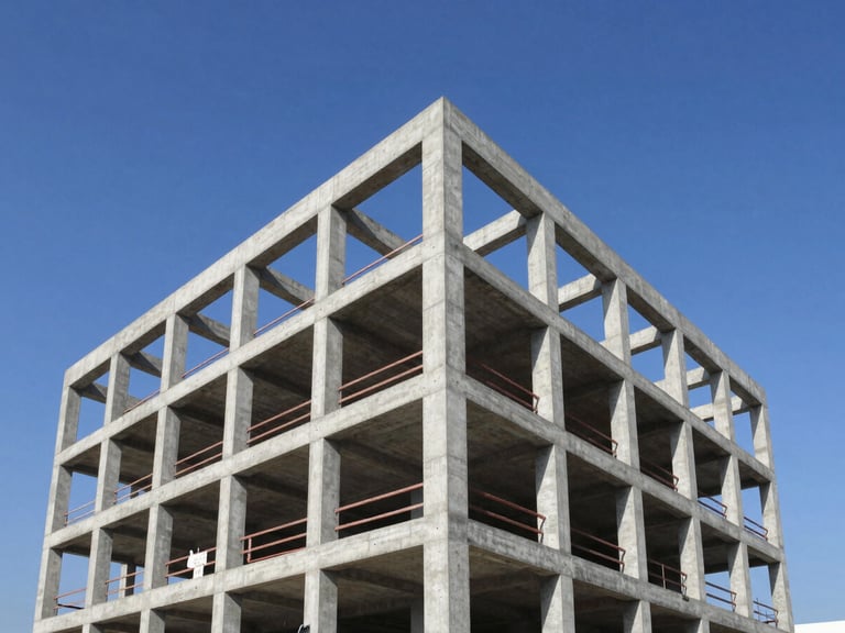 Sharp architectural photography of a modern concrete building under construction, geometric steel frames against a bright blue sky, crisp daylight, professional