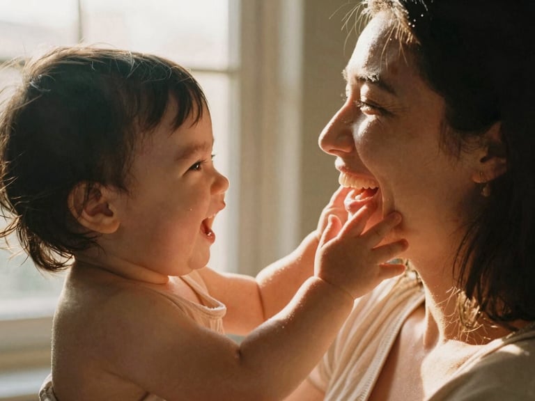 Intimate close-up of a mother laughing as her toddler reaches for her face, bathed in warm golden-hour window light, soft natural shadows, 35mm film aesthetic