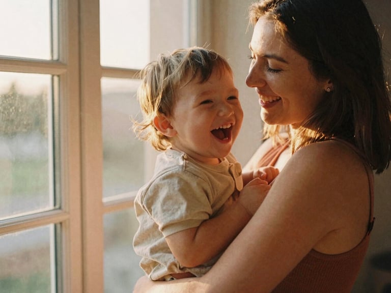 Warm golden-hour natural light, a mother laughing while holding her toddler near a window, intimate 35mm film aesthetic