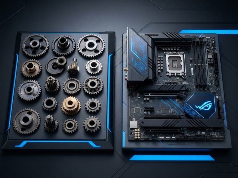 Clean studio product photography of organized automotive gears and a high-end computer motherboard side-by-side, cool white lighting, graphite background with sharp electric blue accents, macro details, 50mm