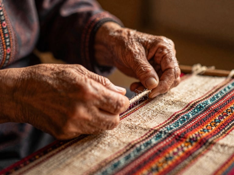Close-up of an elder woman's hands weaving a colorful traditional textile, warm golden hour light, shallow depth of field, 35mm