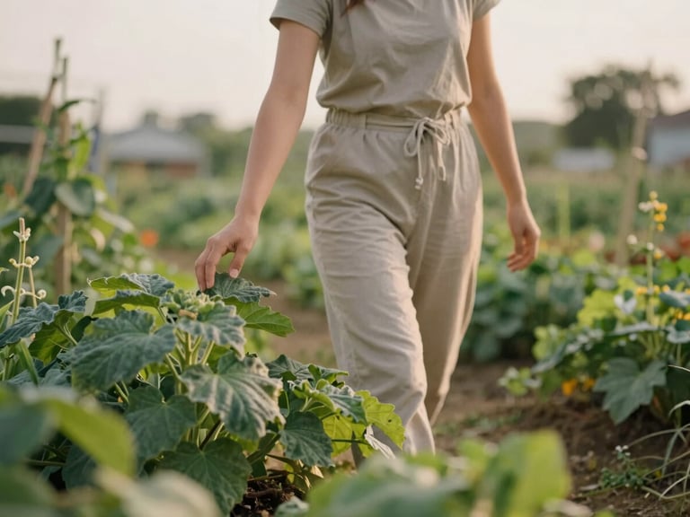 Candid shot of a woman in simple clothing walking through a community garden, touching green leaves, soft overcast daylight, organic textures