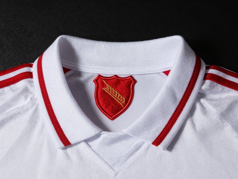Detailed macro shot of a vintage white soccer jersey collar and embroidered red shield, dramatic side lighting, dark moody background, 50mm lens