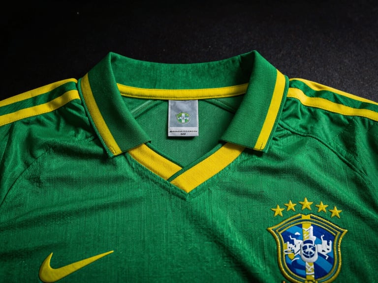 Close-up of a classic green and yellow Brazilian football shirt collar, detailed embroidery of the crest, dramatic studio lighting, dark moody background, high contrast, 50mm lens