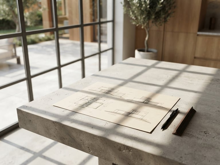 Minimalist architectural drawing on a concrete table next to a window casting sharp geometric shadows, high-end architectural photography style, warm beige and concrete tones