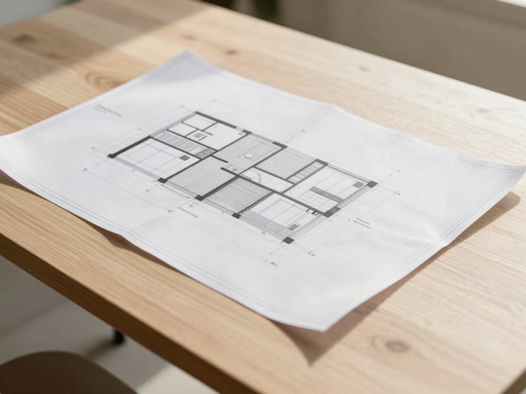 Architectural drawing and blueprint laid out on a minimalist wooden desk, warm natural light, high-end architectural studio atmosphere