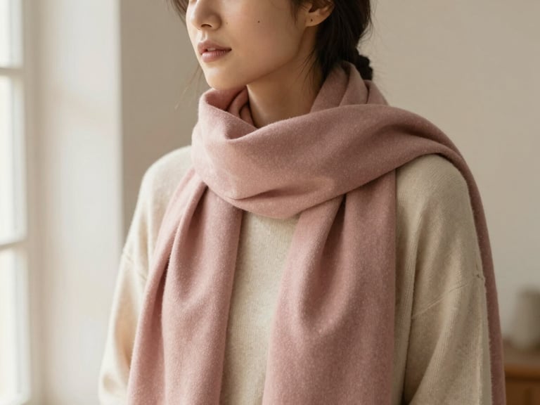 Warm editorial fashion photography of a woman wearing a dusty rose premium modest scarf, looking sideways, soft morning window light, cream and dusty rose tones, shallow depth of field, 35mm