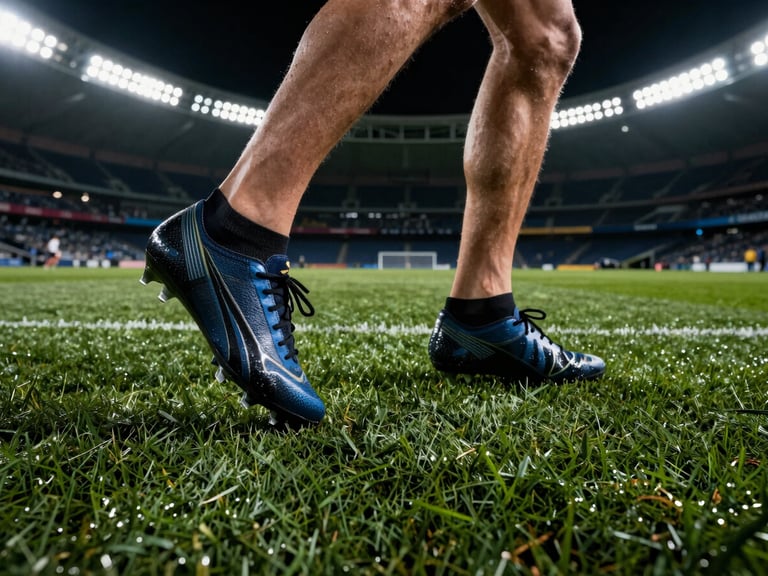 Low-angle shot of cleats on turf during a high-intensity sprint, dramatic stadium lighting, high contrast sports photography, fast shutter.