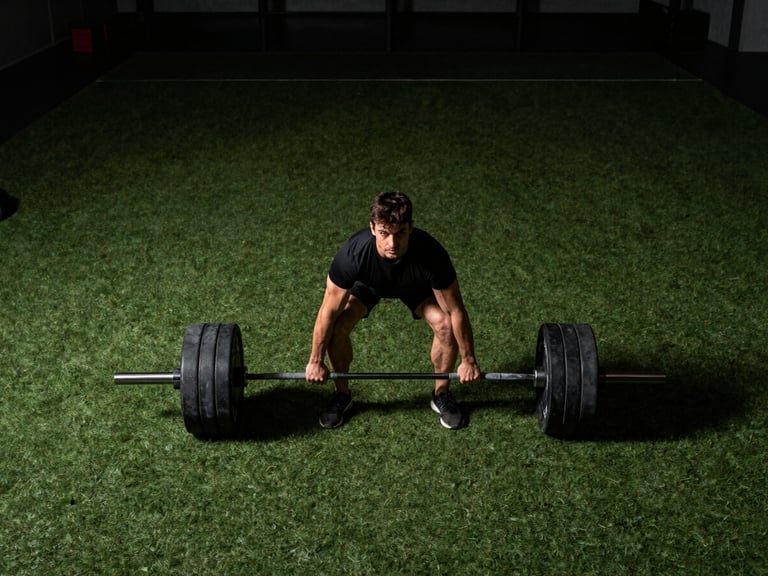 Wide panoramic shot, moody gym lighting, player performing heavy hex bar deadlifts, intense focus.