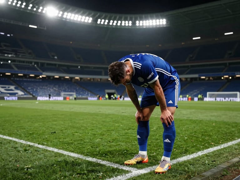 Wide panoramic shot, exhausted player bent over hands on knees on the pitch, dramatic stadium lighting, sweat visible.