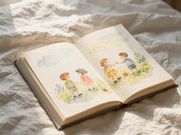 An open children's storybook resting on soft linen bedsheets, warm diffused morning light, delicate paper texture, dreamy watercolor illustration