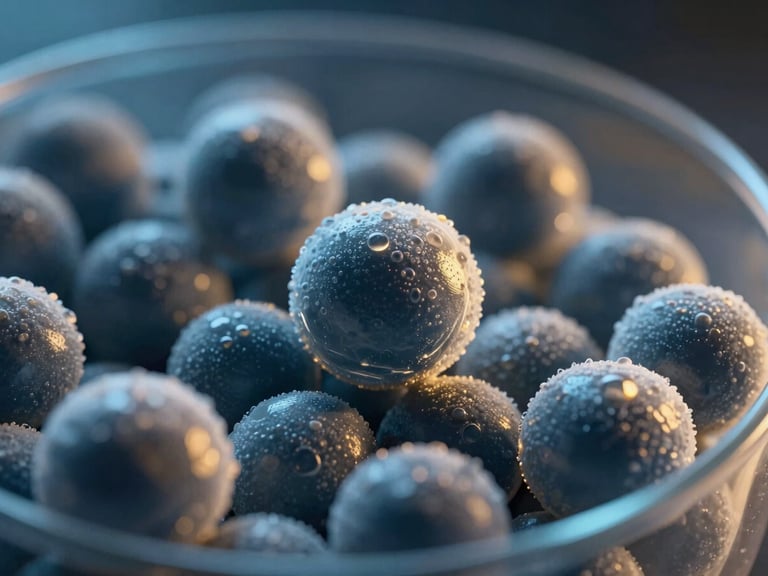 Macro photograph of microscopic lipid spheres encapsulating active nutrients in a sports beverage, cool blue and warm gold lighting, high-contrast scientific capture.