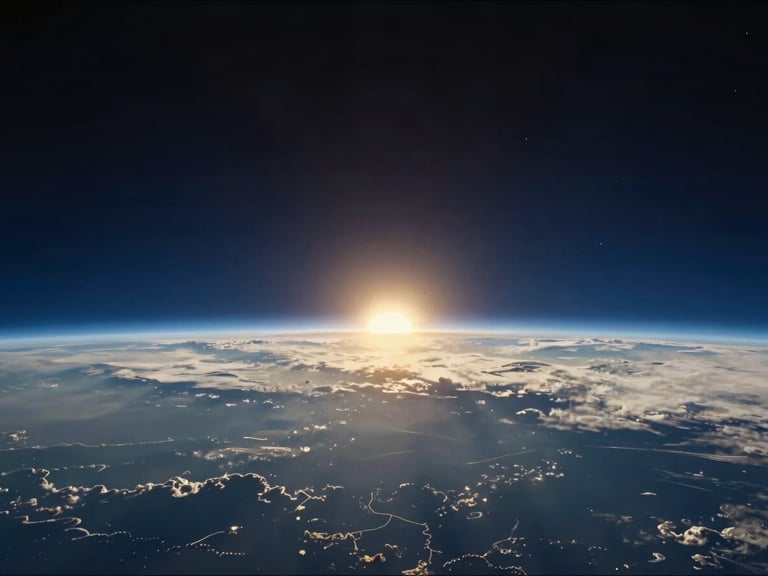 High-altitude orbital photography of Earth's horizon with a sharp golden sunrise line breaking over the deep blue curved atmosphere, high contrast, cinematic scientific style