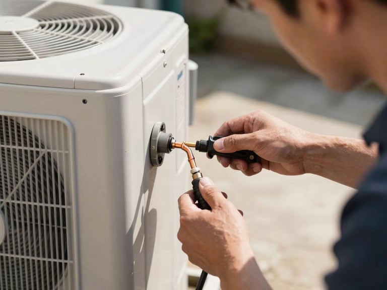 Technician installing outdoor condenser unit, showing professional tools and copper connections, bright natural outdoor sunlight