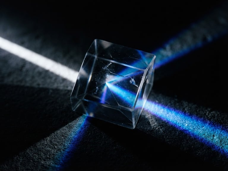 Macro shot of optical glass refracting sharp blue light, dark editorial photography, deep obsidian tones, 35mm lens