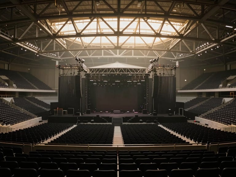 Dramatic low-key wide shot from behind a massive stage looking out at an empty arena, structural steel beams, golden backlighting, hazy atmosphere