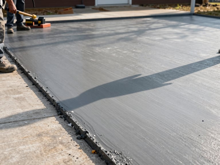 Ground-level documentary shot of a concrete driveway apron freshly poured and edged in Columbus Georgia, a crew member's work boots visible at the left edge, tools resting nearby, morning light casting long shadows across the smooth surface
