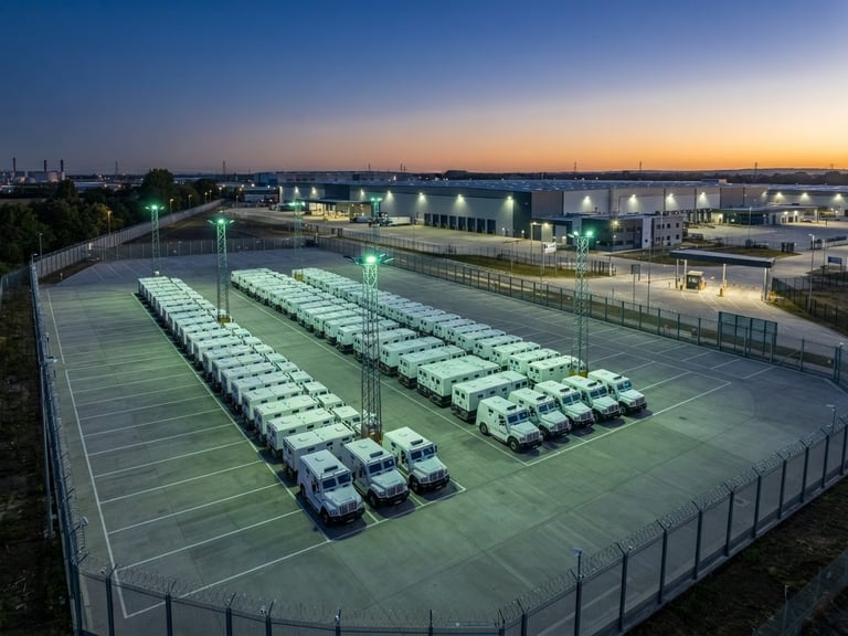 Wide environmental shot of a secure logistics hub at dawn, a fleet of white armored transport vehicles parked in a structured row under crisp security-green floodlights, sharp focus