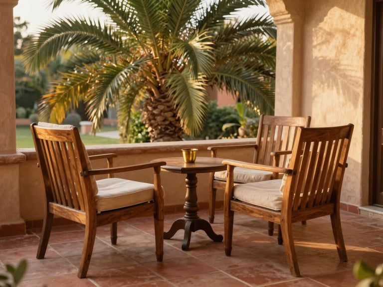 A cozy veranda seating area of a homestay, terracotta tiles, wooden armchairs, brass cup on a small table, lush green palms in the background, golden hour