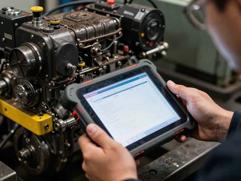 Close-up of a technician hands holding a rugged diagnostic tablet connected to a heavy machine engine, glowing screen, gritty workshop background