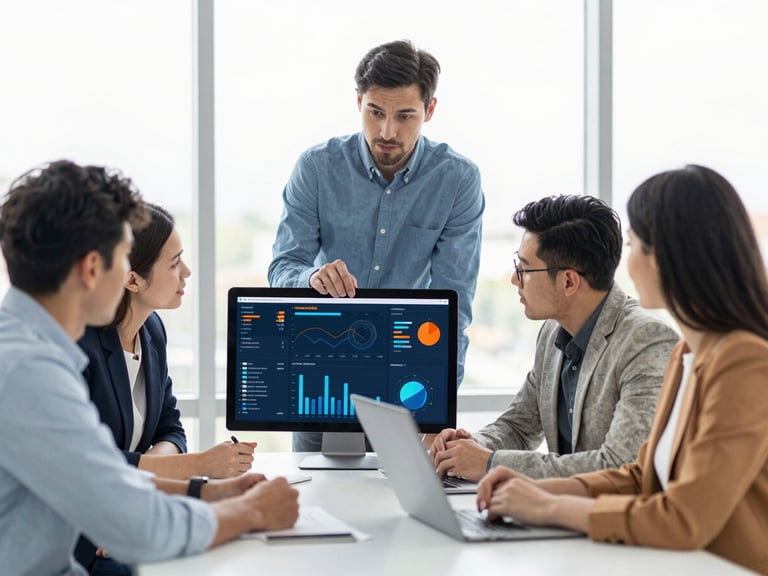 A bright corporate portrait of a diverse marketing team collaborating over a digital dashboard, clean natural window light, shallow depth of field.