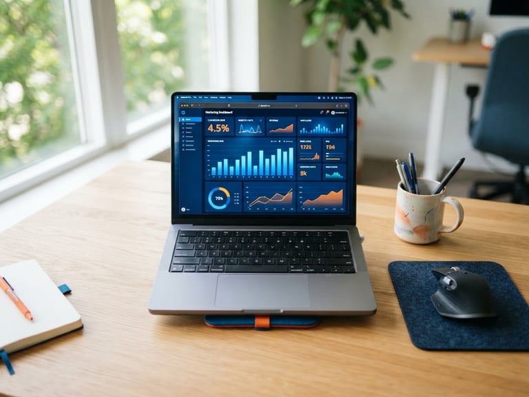 Overhead shot of a clean modern tech workspace with a laptop displaying a marketing dashboard, bright natural window light, subtle orange and blue accents.