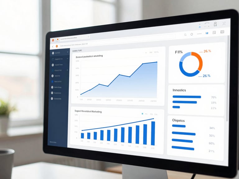 A close-up of a modern digital marketing dashboard on a monitor, displaying clean UI graphs, revenue charts, and attribution percentages under bright natural office light