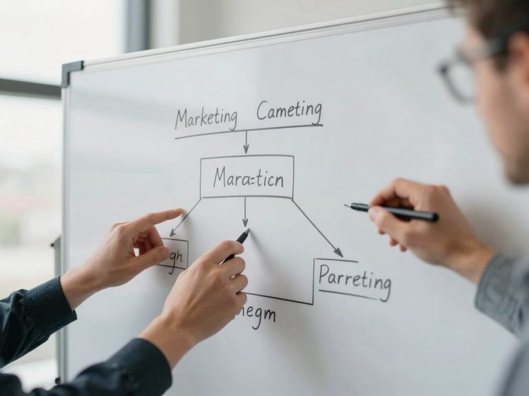 Hands collaborating over a physical whiteboard with local marketing campaign architecture, bright natural overcast daylight, sharp focus, 35mm lens
