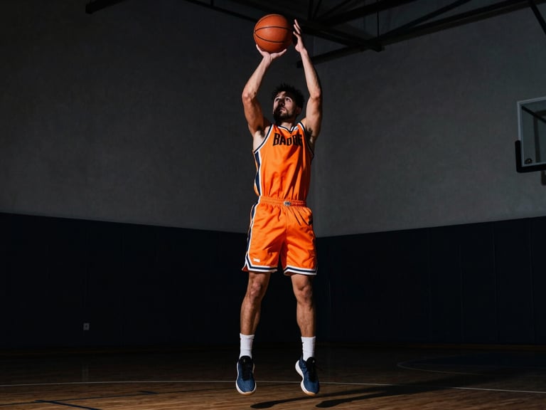 Action shot of a basketball player executing a perimeter pull-up jumper, high-contrast dramatic indoor court lighting, deep shadows.