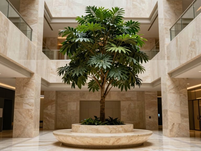 A towering indoor tree in a custom stone planter within a high-end corporate atrium in DIFC, modern minimalist architecture.