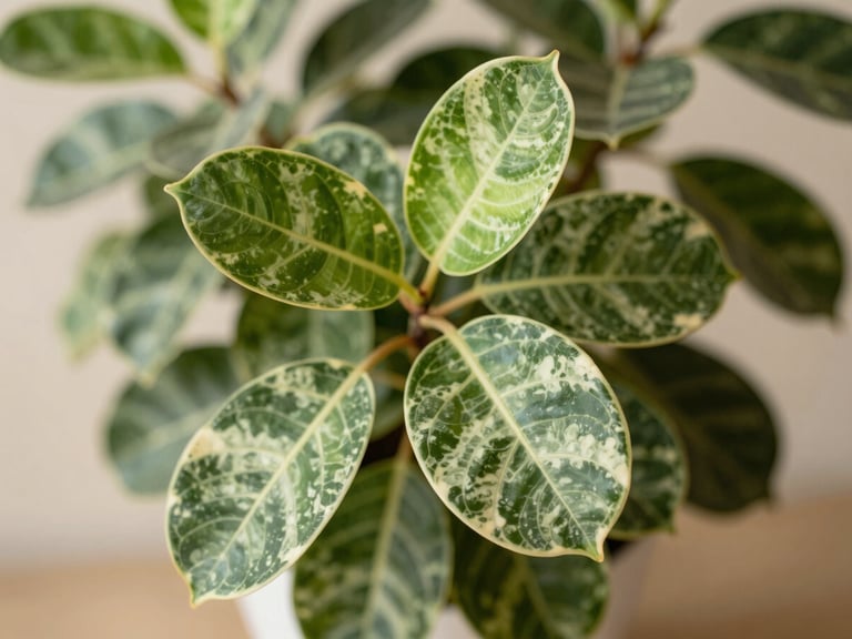 Close-up of vibrant, thick leaves of an acclimatized indoor Ficus lyrata, soft diffused sunlight highlighting natural textures, rich green and travertine tones.