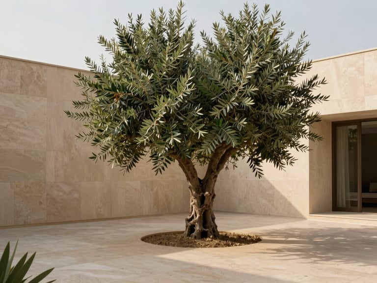 A mature olive tree integrated into a minimalist travertine courtyard of an Emirates Hills villa, soft warm sunlight.