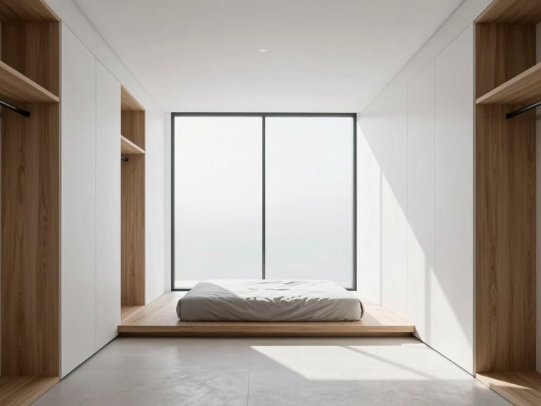 Minimalist bedroom with integrated oak closets, low platform bed, large glass window with diffused daylight, clean white walls, architectural shadows.