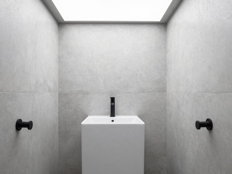 Modern minimalist washroom, matte black fixtures, light gray concrete-textured walls, natural light from a skylight, sharp focus.